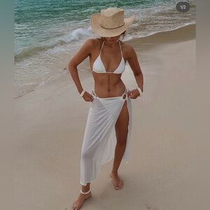 WeWoreWhat White Crochet Triangle Bikini with Matching Sarong